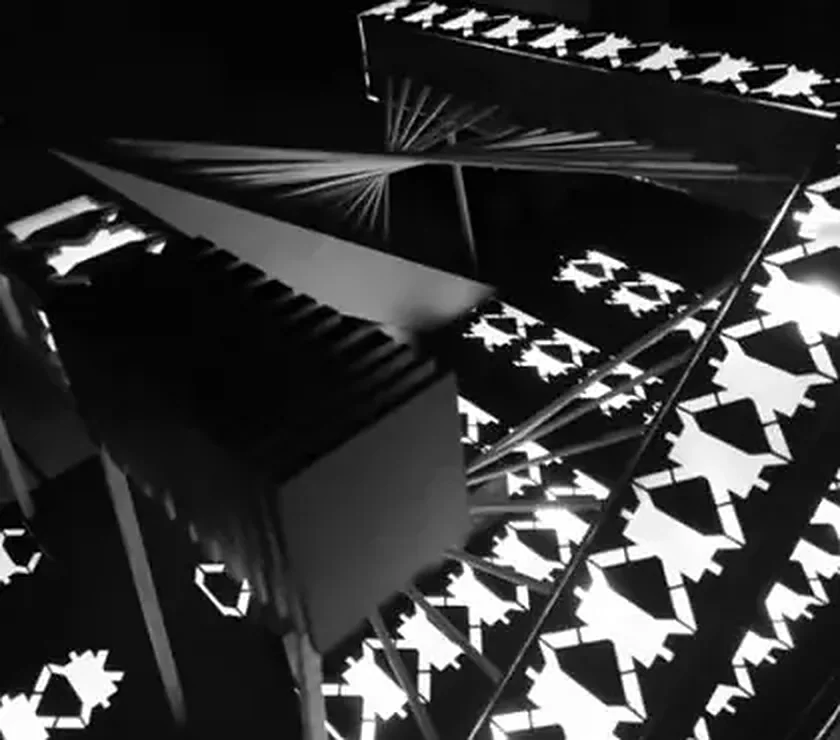 Render de fachada con celosía perforada iluminada desde el interior